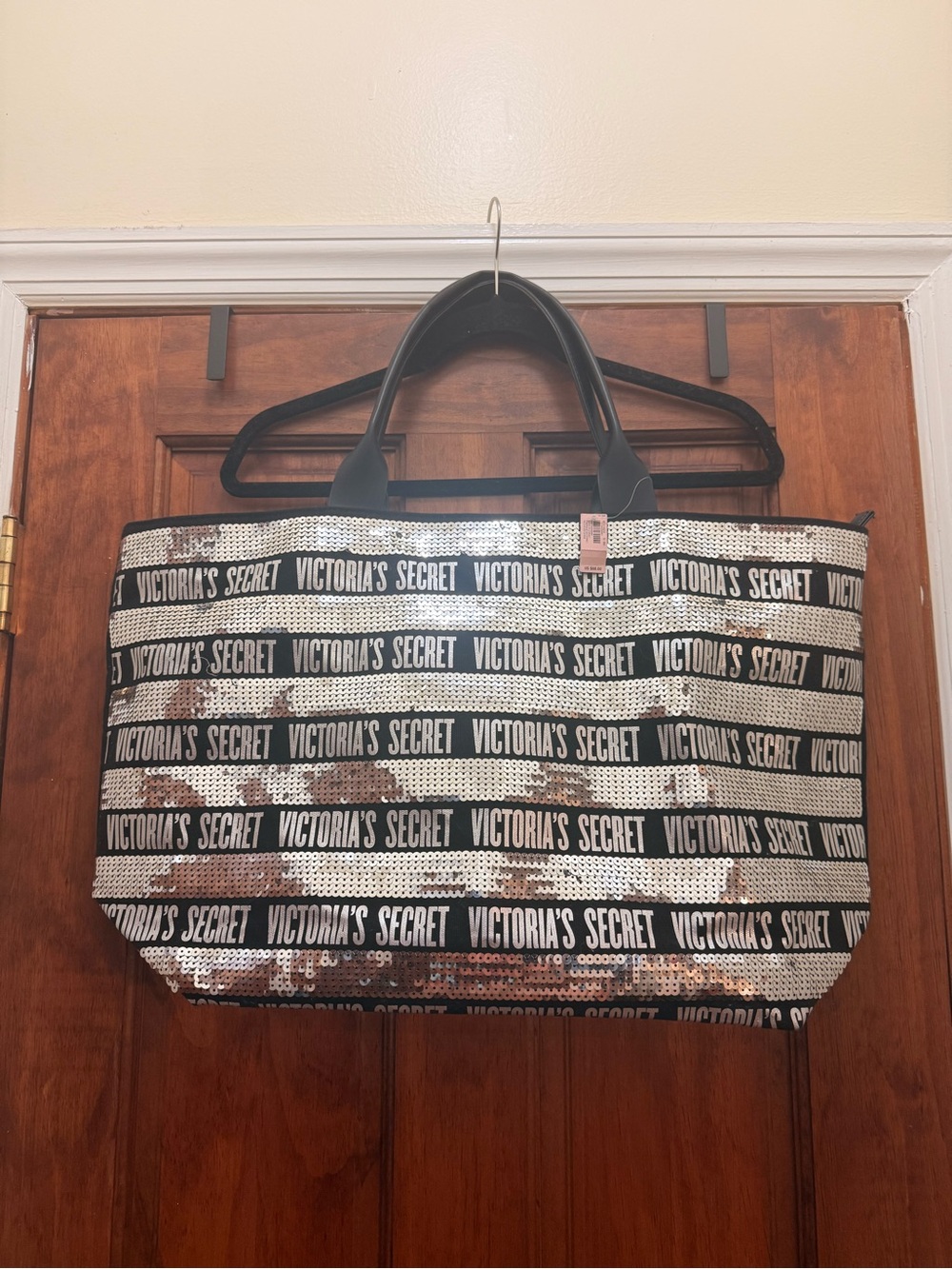 Victoria's Secret Black & Silver Sequin Logo Shopper Tote